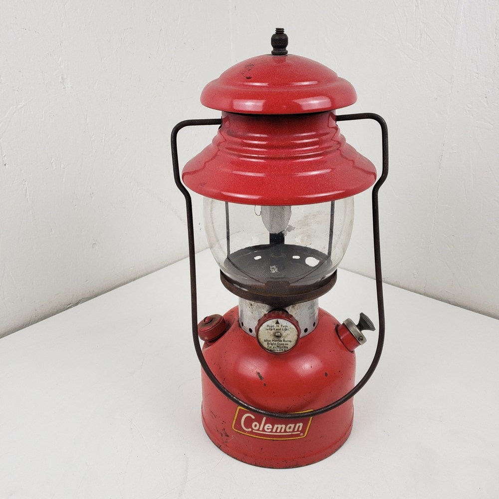 Coleman 200A Red Gas Lantern Single Mantle Original Pyrex Globe USA 11/57
